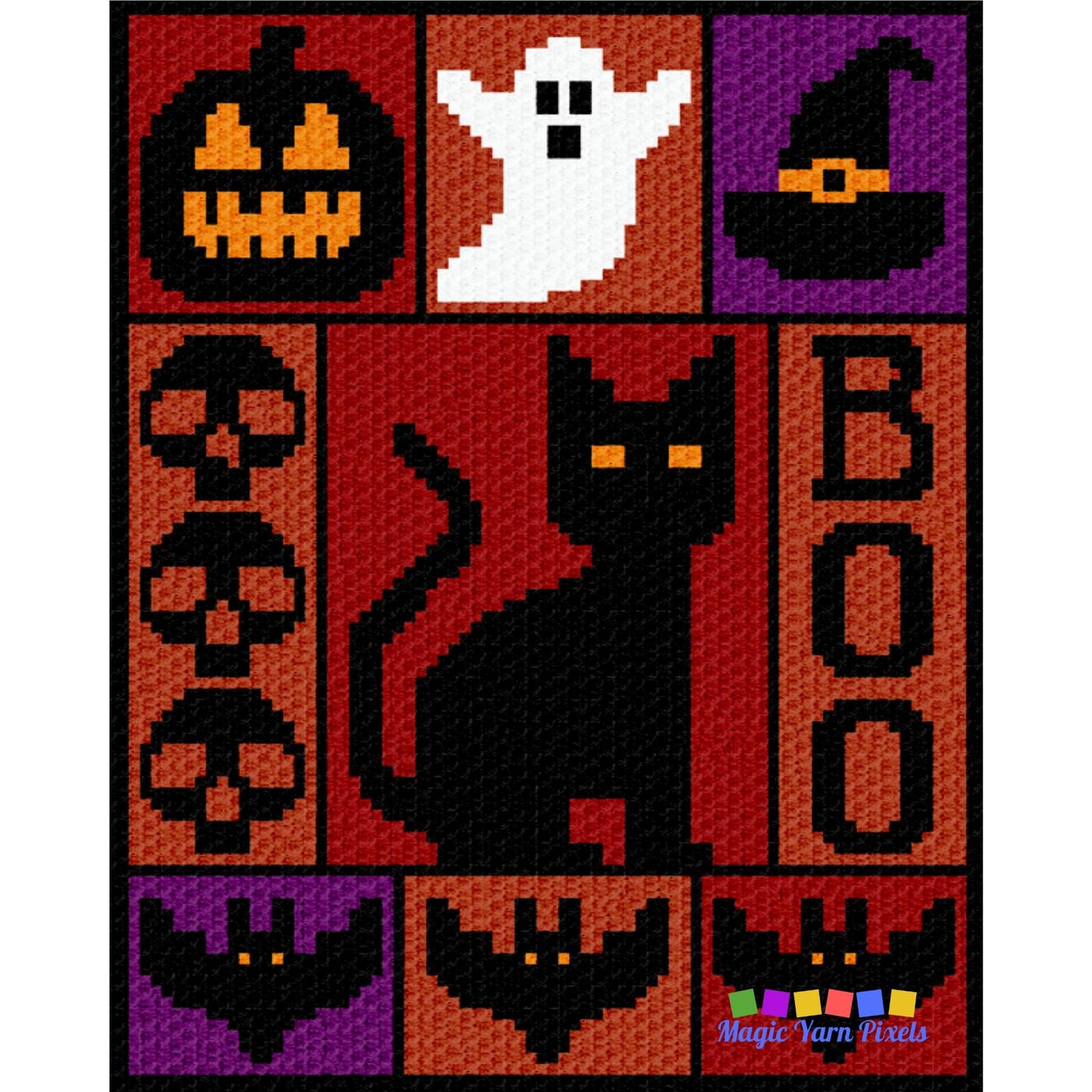 Halloween Crochet Blanket Graph and Pattern for C2C & Tapestry Crochet | C2C Halloween Afghan | Ghost Jack Lantern Pumpkin Black Cat Blanket