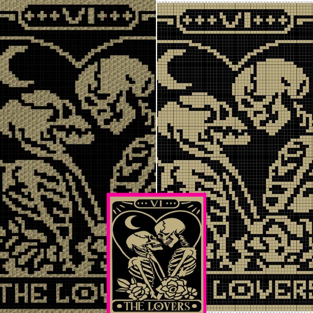 The Lovers Tarot Crochet Blanket Pattern Chart & Written Pattern For C2C + Tapestry Crochet | C2C Crochet Skull Blanket Goth Lovers Skeleton