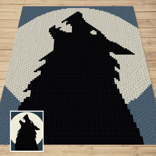 Wolf Howling At Moon Graph and Pattern C2C & Tapestry Crochet - Wolf Face Graphgan - Crochet Wolf Blanket - Wolf Afghan C2C Crochet Blankets