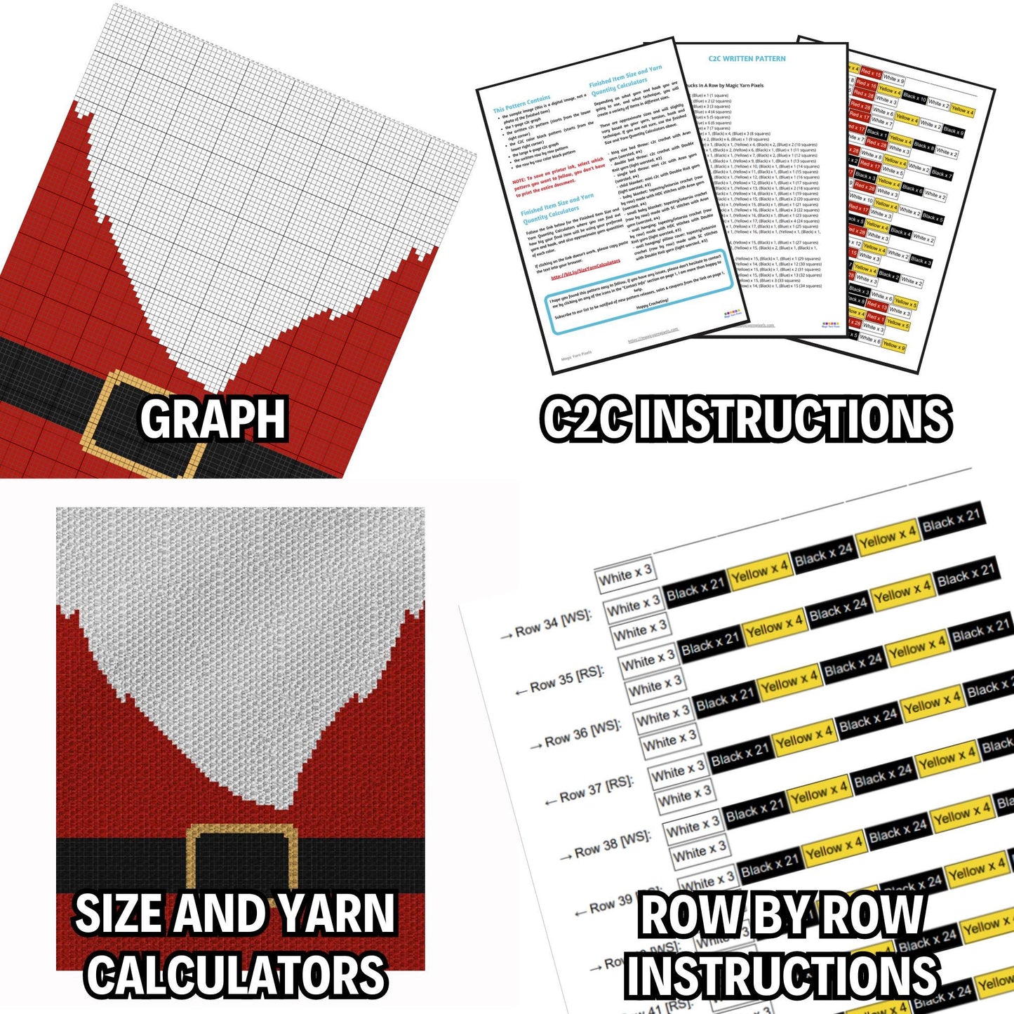 Santa Blanket Crochet Pattern + Graph C2C and Tapestry Crochet | C2C Santa Belt Christmas Afghan Baby Shower Gifts For Him Santa Belly Throw