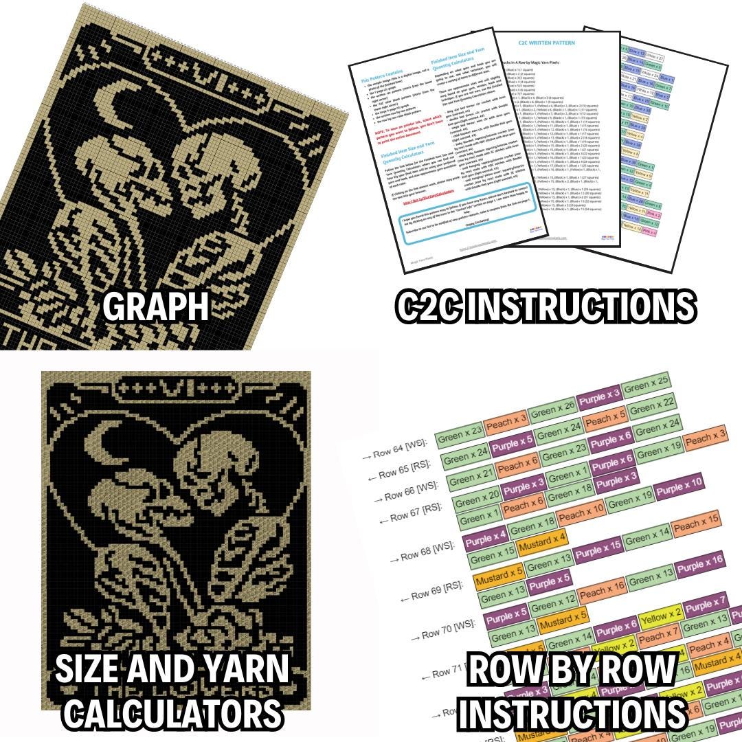 The Lovers Tarot Crochet Blanket Pattern Chart & Written Pattern For C2C + Tapestry Crochet | C2C Crochet Skull Blanket Goth Lovers Skeleton