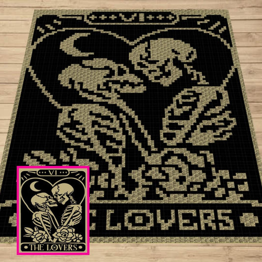 The Lovers Tarot Crochet Blanket Pattern Chart & Written Pattern For C2C + Tapestry Crochet | C2C Crochet Skull Blanket Goth Lovers Skeleton