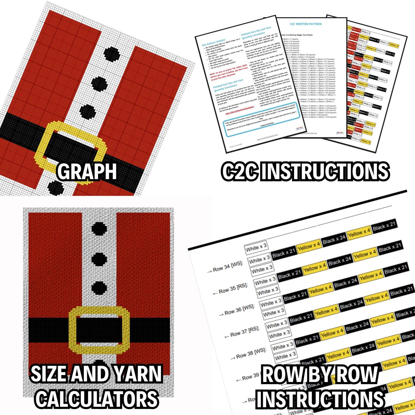 Santa Belt Crochet Graph + Written Pattern C2C & Tapestry Crochet | C2C Santa Blanket Christmas Afghan Baby Shower Gift Nursery Xmas Throw