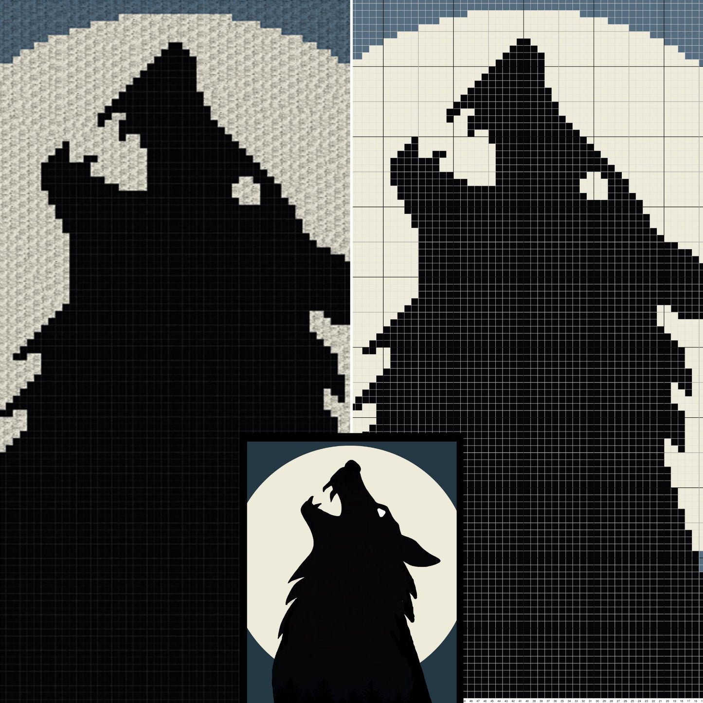 Wolf Howling At Moon Graph and Pattern C2C & Tapestry Crochet - Wolf Face Graphgan - Crochet Wolf Blanket - Wolf Afghan C2C Crochet Blankets