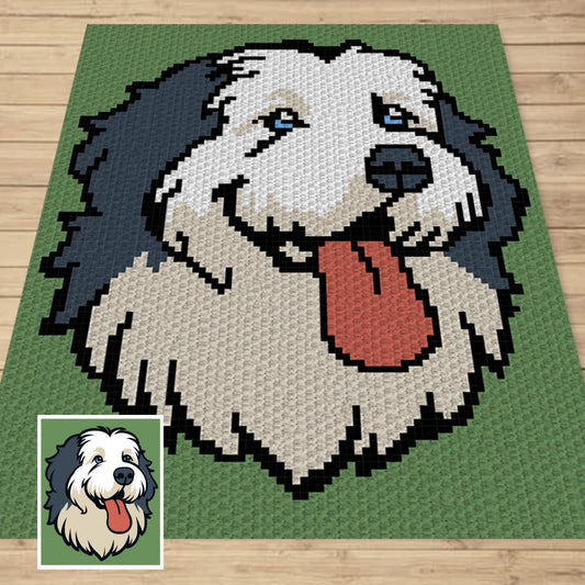 Old English Sheepdog Portrait Graph + Pattern C2C & Tapestry Crochet - C2C Sheep Dog Crochet Dog Blanket Gift For Dog Lovers Birthday Gift