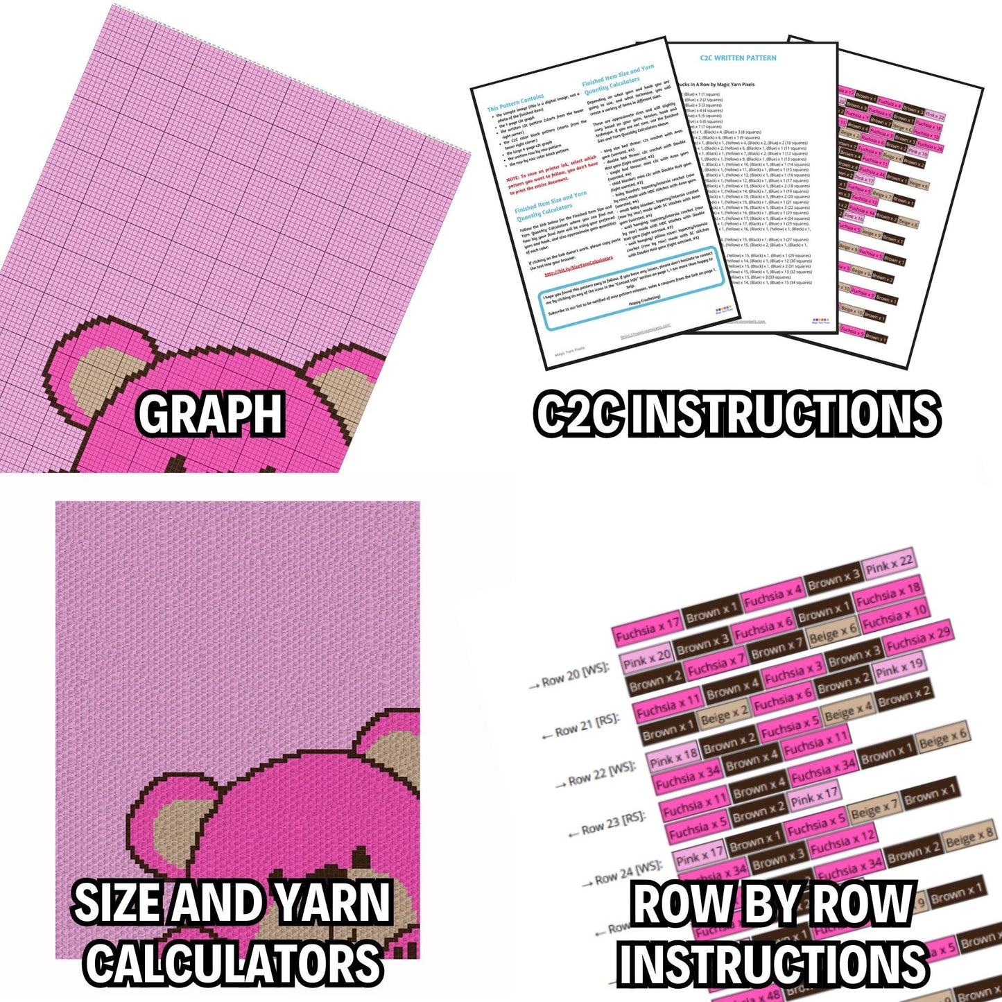 Peek-a-boo Teddy Bear Graph + Written Pattern For C2C & Tapestry Crochet - C2C Bear Graphghan - Animal Crochet Blanket - Crochet Afghan Baby