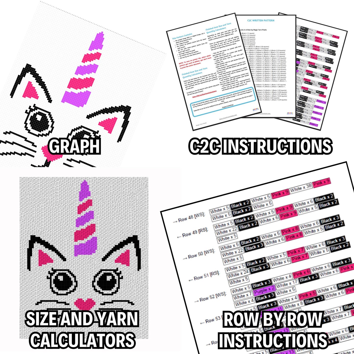 Cute Caticorn Face Graph & Pattern C2C and Tapestry Crochet - Crochet Unicorn Graphgan Cat Unicorn Crochet Blanket C2C Cat Blanket Gift Baby