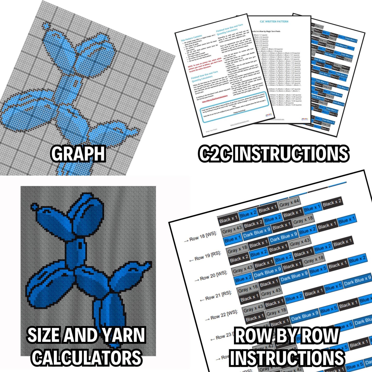 Balloon Dog Graph + Written Pattern For C2C & Tapestry Crochet - Crochet Balloon Dog C2C Chart - Balloon Dog Crochet Blankets - C2C Balloons