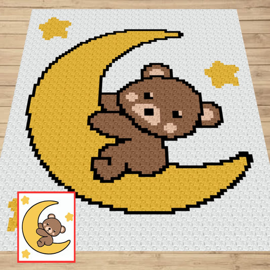 Bear On The Moon Graph + Written Pattern For C2C & Tapestry Crochet - C2C Bear Graphghan Animal Crochet Blanket - Crochet Afghan Baby Shower