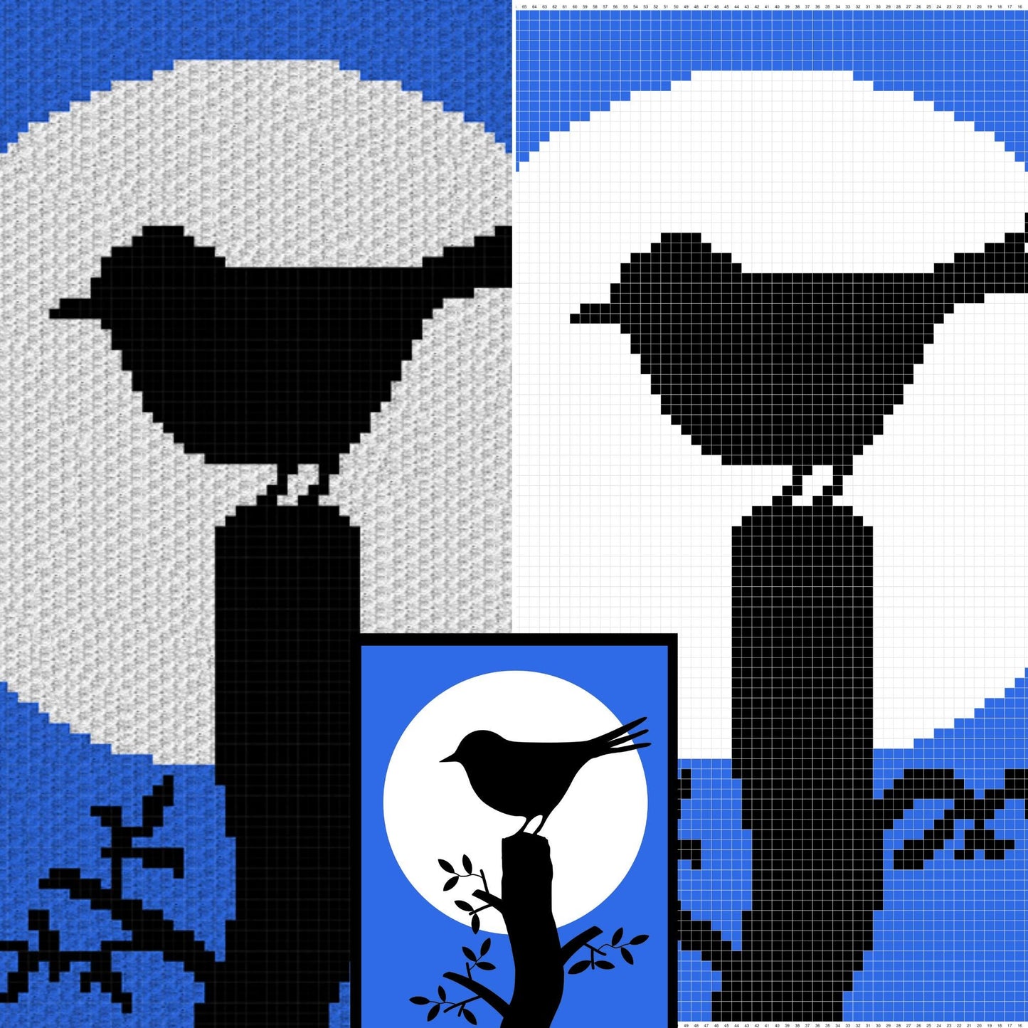 Bird Silhouette In Moonlight Graph & Pattern C2C and Tapestry Crochet Bird Blanket Graphgan - Robin Bird Crochet Blanket C2C Bird Lover Gift