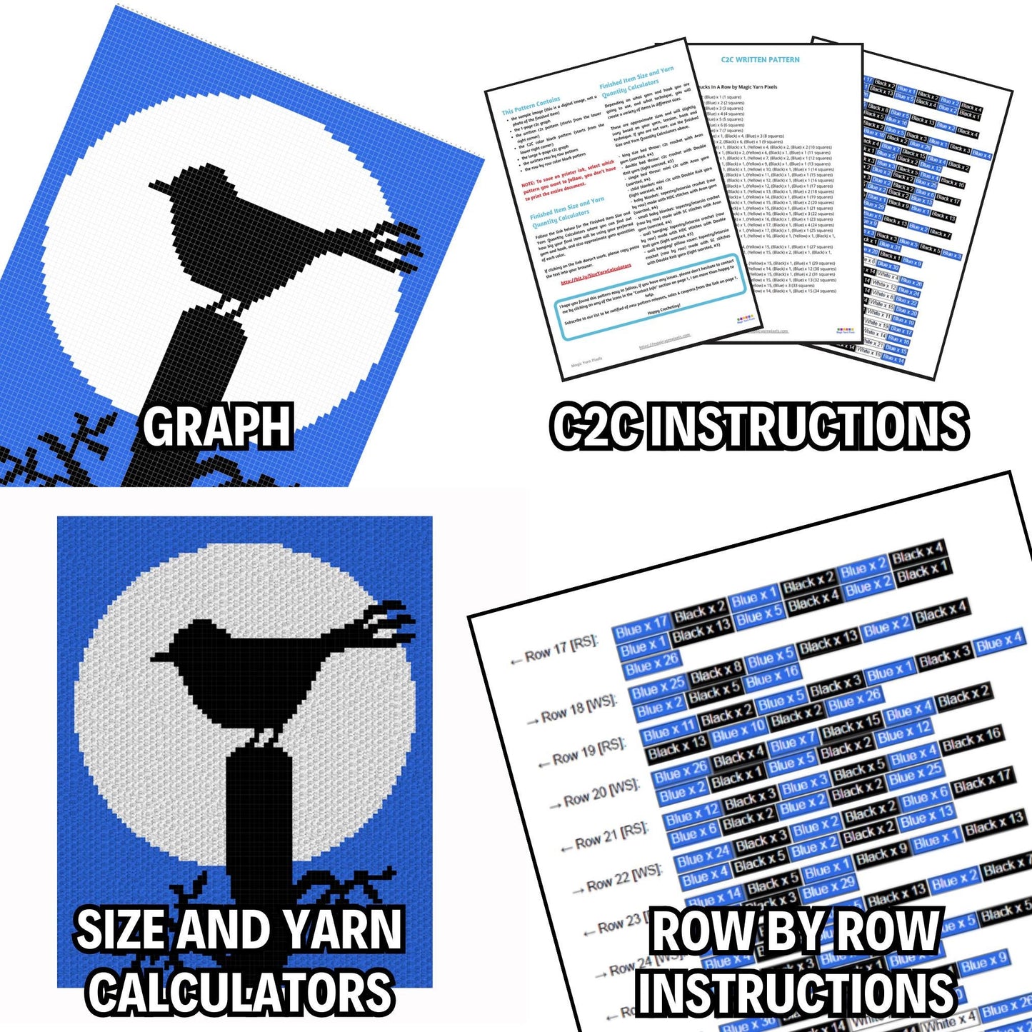 Bird Silhouette In Moonlight Graph & Pattern C2C and Tapestry Crochet Bird Blanket Graphgan - Robin Bird Crochet Blanket C2C Bird Lover Gift