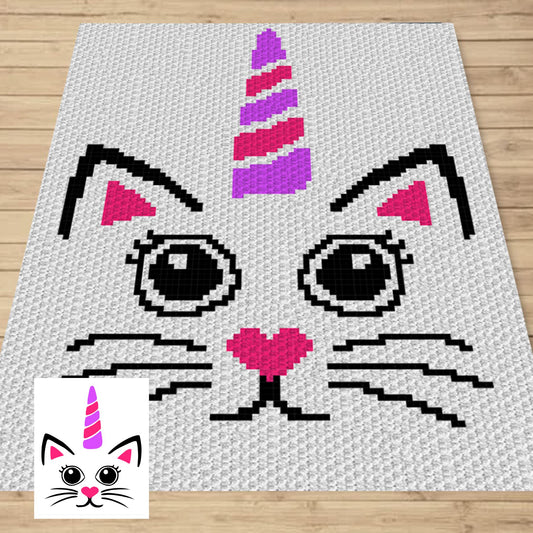 Cute Caticorn Face Graph & Pattern C2C and Tapestry Crochet - Crochet Unicorn Graphgan Cat Unicorn Crochet Blanket C2C Cat Blanket Gift Baby