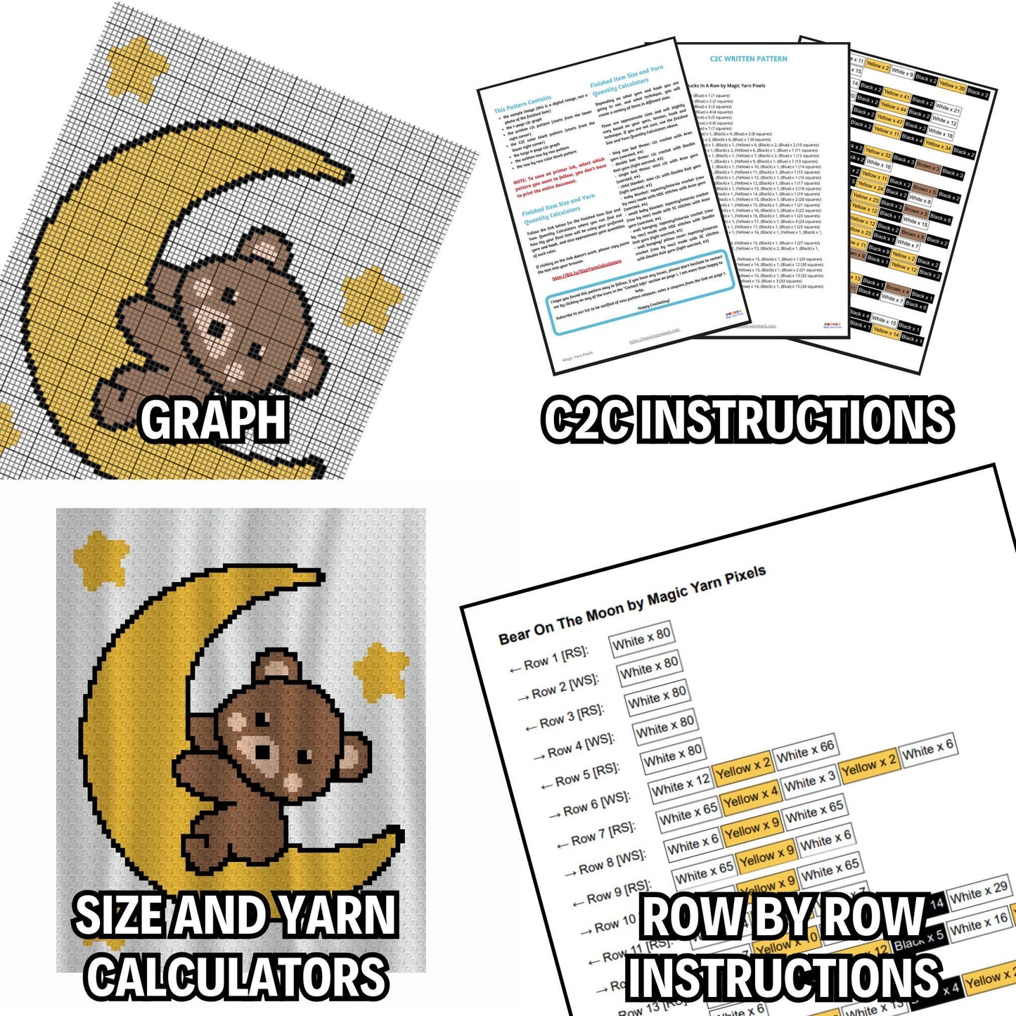 Bear On The Moon Graph + Written Pattern For C2C & Tapestry Crochet - C2C Bear Graphghan Animal Crochet Blanket - Crochet Afghan Baby Shower