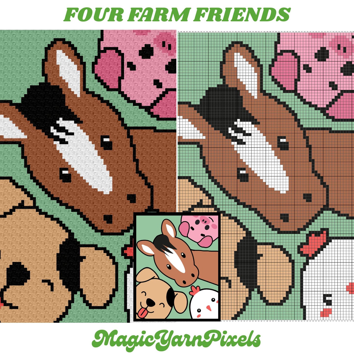 Farm Animal Friends Afghan Graph & Pattern C2C Tapestry Crochet - Farm Baby Blanket Pattern Horse Dog Puppy Chicken Pig - Crochet Baby Gifts