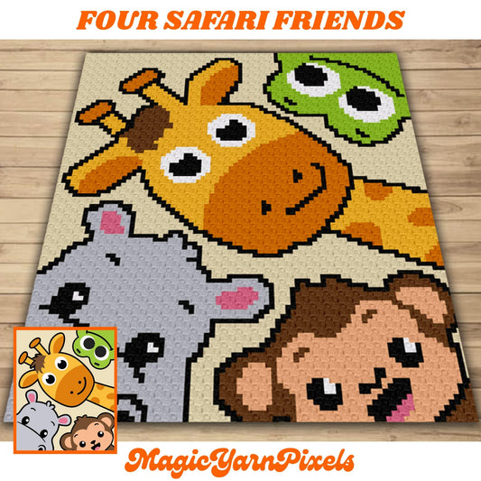 Safari Animal Friends Afghan Graph & Pattern C2C Tapestry Crochet - Jungle Baby Blanket Pattern Frog Hippo Giraffe Monkey Crochet Baby Gifts