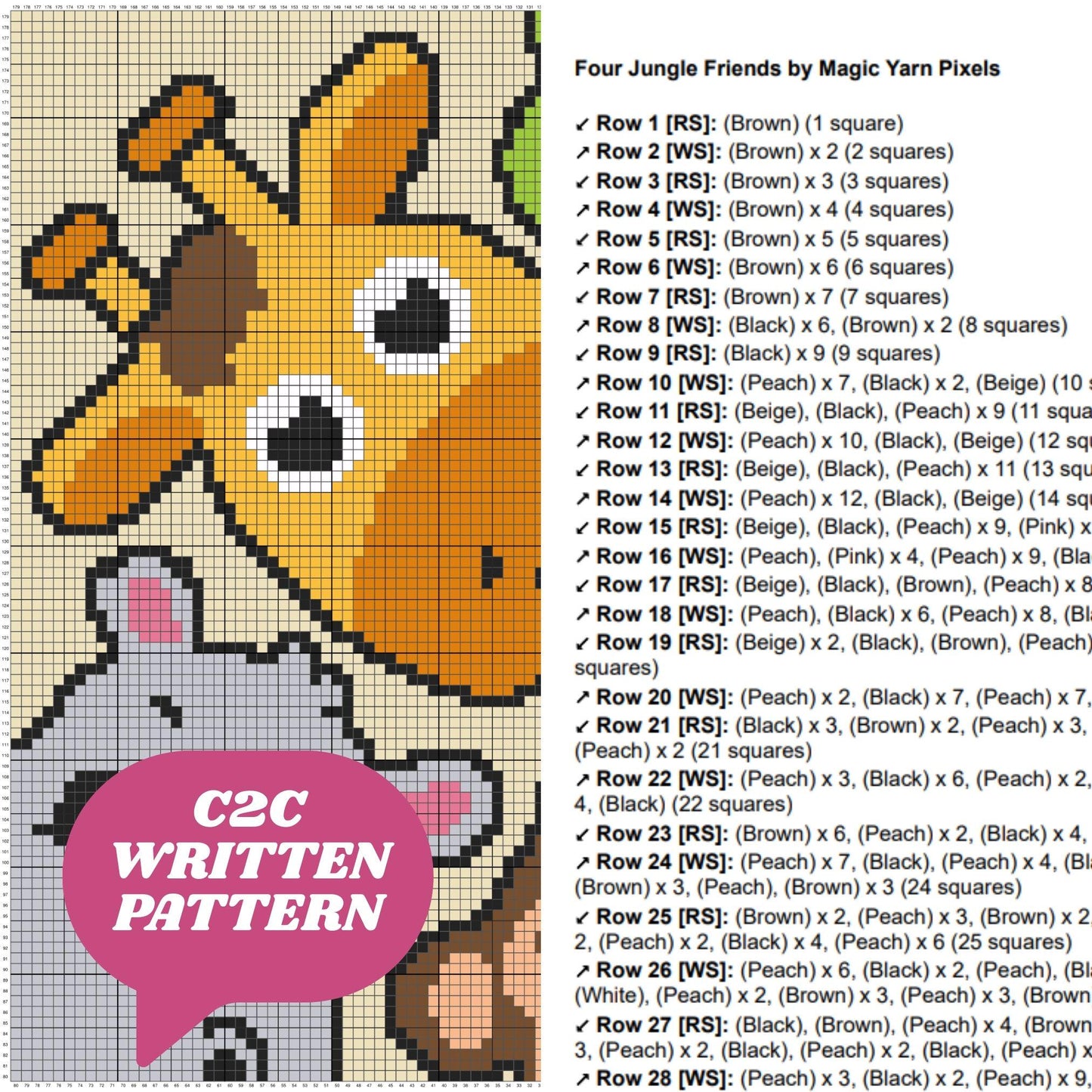 Safari Animal Friends Afghan Graph & Pattern C2C Tapestry Crochet - Jungle Baby Blanket Pattern Frog Hippo Giraffe Monkey Crochet Baby Gifts