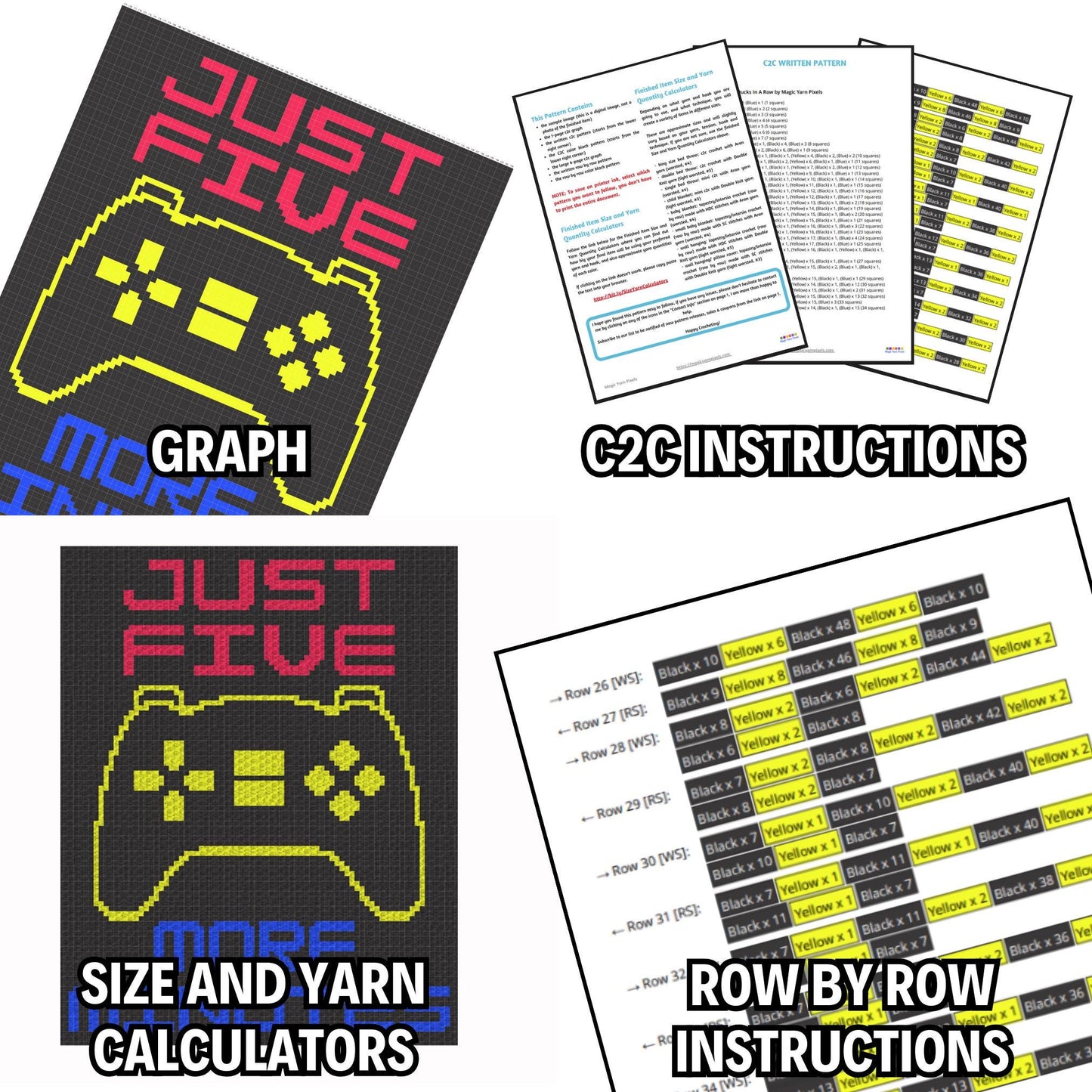 Just Five More Minutes Gamer Mantra Graph Written Pattern For C2C & Tapestry Crochet - Gamers C2C Graphgan - C2C Crochet Gamer Pattern Gifts