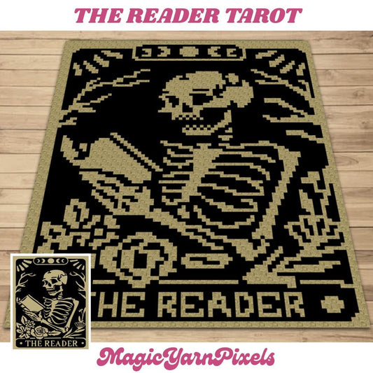 The Reader Tarot Crochet Blanket Pattern Chart & Written Pattern For C2C + Tapestry Crochet | C2C Crochet Skull Blanket Goth Book Lover Gift