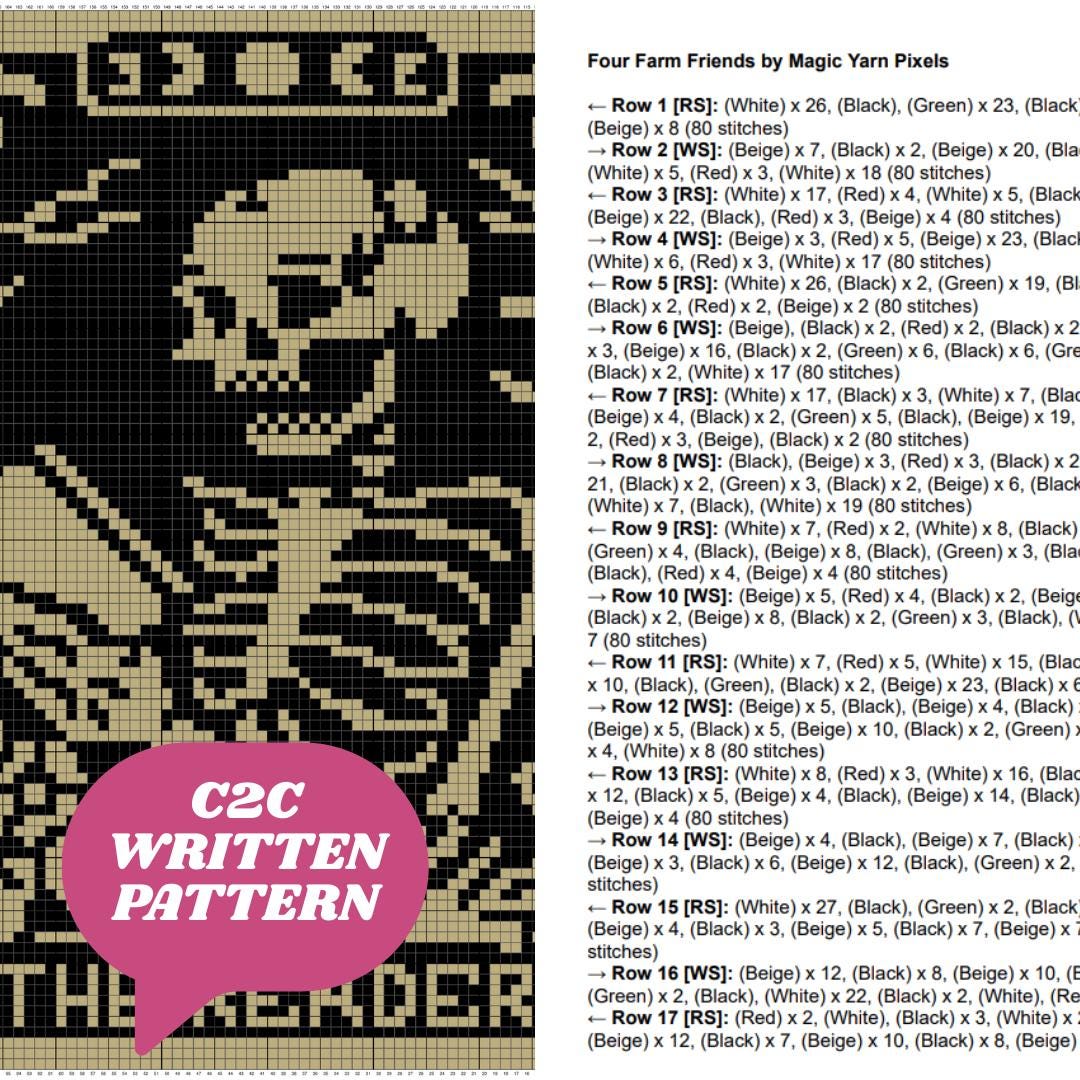 The Reader Tarot Crochet Blanket Pattern Chart & Written Pattern For C2C + Tapestry Crochet | C2C Crochet Skull Blanket Goth Book Lover Gift