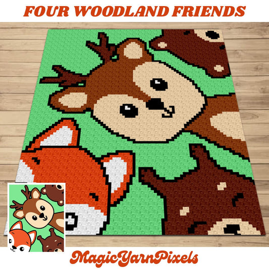 Four Woodland Friends Crochet Baby Blanket w/ Graph & Written Pattern | Afghan Pattern Squirrel Deer Bear Fox Throw Baby Shower Gift
