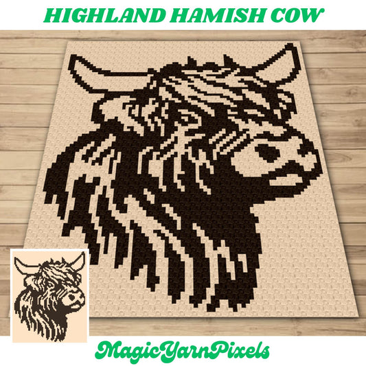 Highland Hamish Cow Crochet Graph + Written Pattern For C2C & Tapestry Crochet | Scottish Cow Afghan Farm Throw Baby Shower Gift Boy Girl