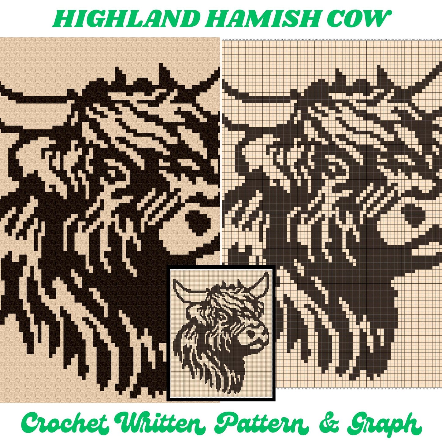 Highland Hamish Cow Crochet Graph + Written Pattern For C2C & Tapestry Crochet | Scottish Cow Afghan Farm Throw Baby Shower Gift Boy Girl