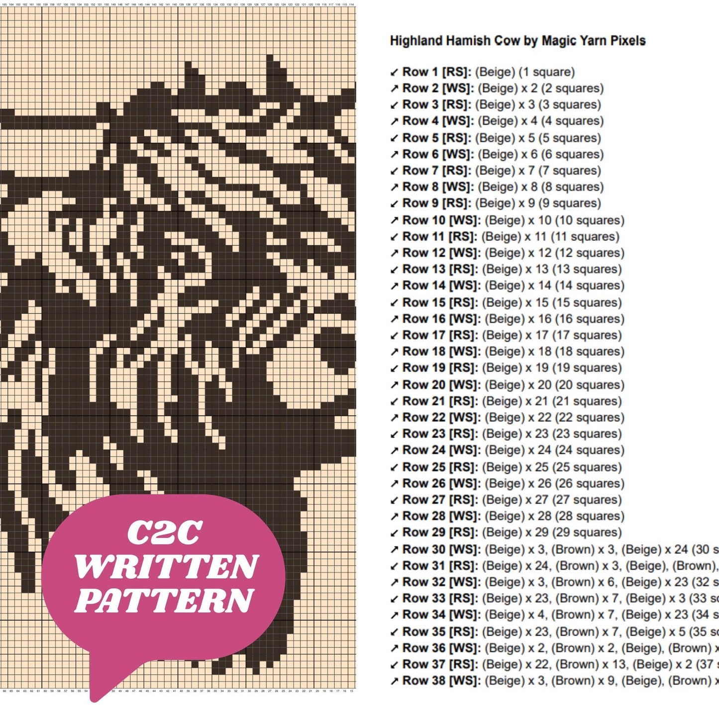Highland Hamish Cow Crochet Graph + Written Pattern For C2C & Tapestry Crochet | Scottish Cow Afghan Farm Throw Baby Shower Gift Boy Girl