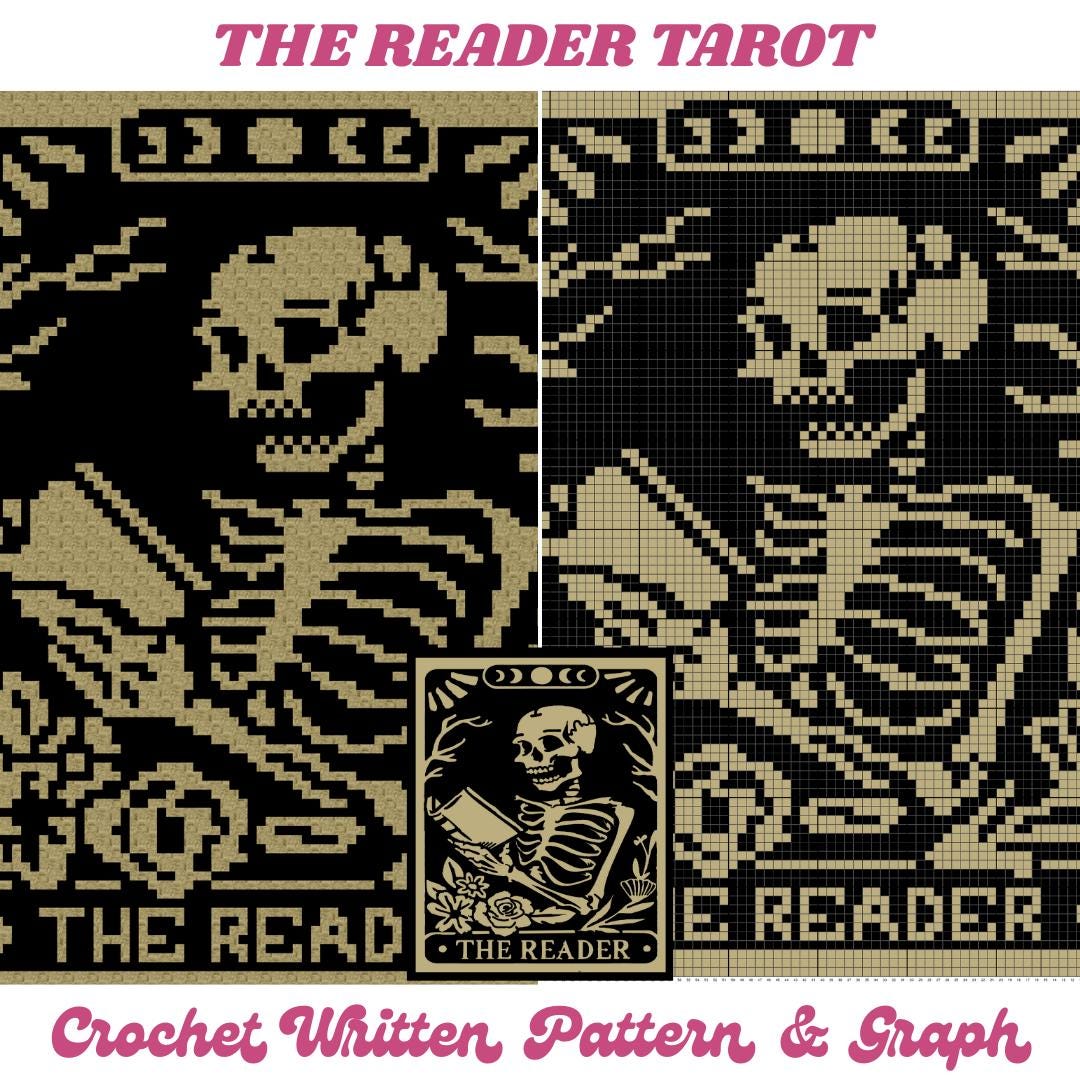 The Reader Tarot Crochet Blanket Pattern Chart & Written Pattern For C2C + Tapestry Crochet | C2C Crochet Skull Blanket Goth Book Lover Gift