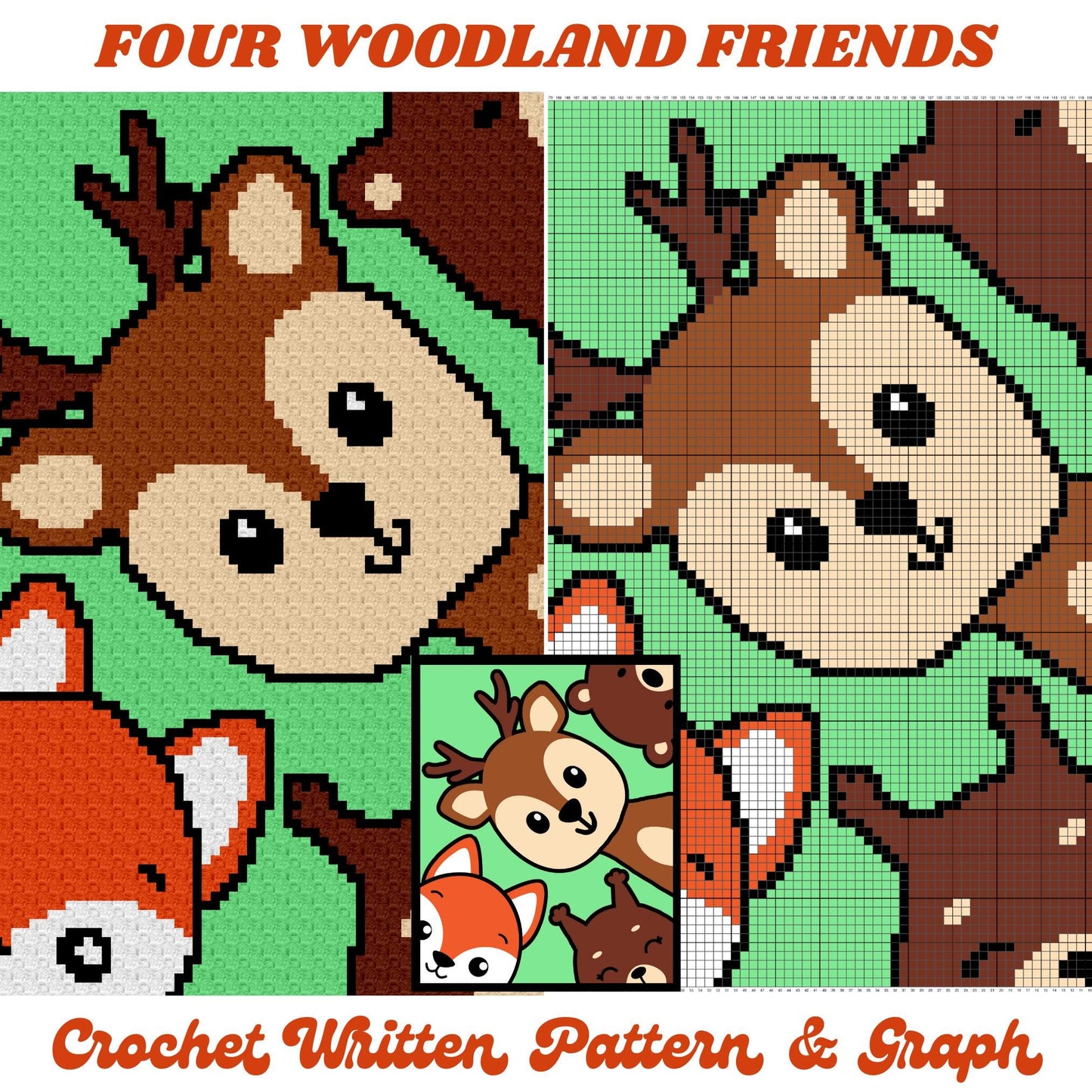Four Woodland Friends Crochet Baby Blanket w/ Graph & Written Pattern | Afghan Pattern Squirrel Deer Bear Fox Throw Baby Shower Gift
