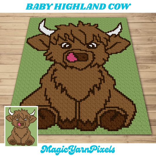 Baby Highland Cow Graph Crochet Pattern For C2C + Tapestry Crochet |  Baby Cow Blanket Scottish Cow Crochet Afghan Baby Shower Gift For Boy