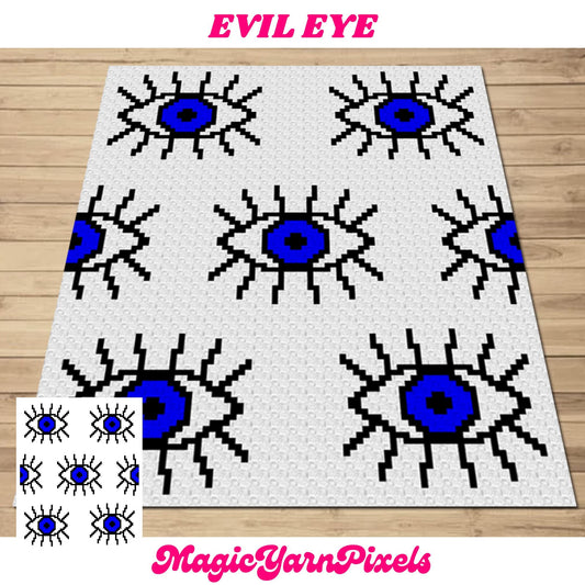 Evil Eye Afgan Pattern Graph + Pattern C2C & Tapestry Crochet | C2C Crochet Evil Eye Blanket Gift For Home House Protection Baby Shower Gift