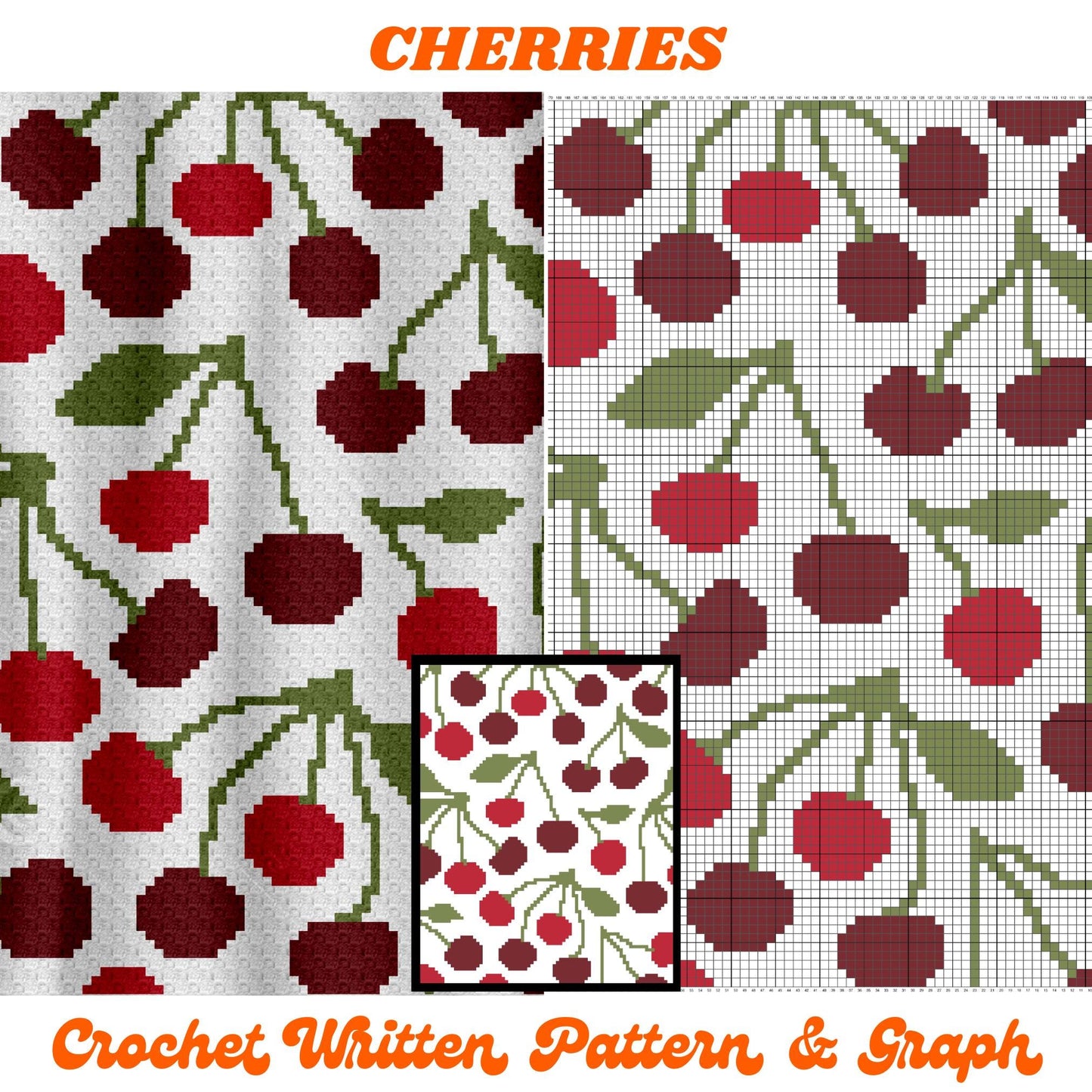 Crochet Cherry Blanket Graph + Pattern for C2C & Tapestry Crochet | C2C Crochet Cherry Print, Cherries Afghan, Gift For Mums, Baby Blanket