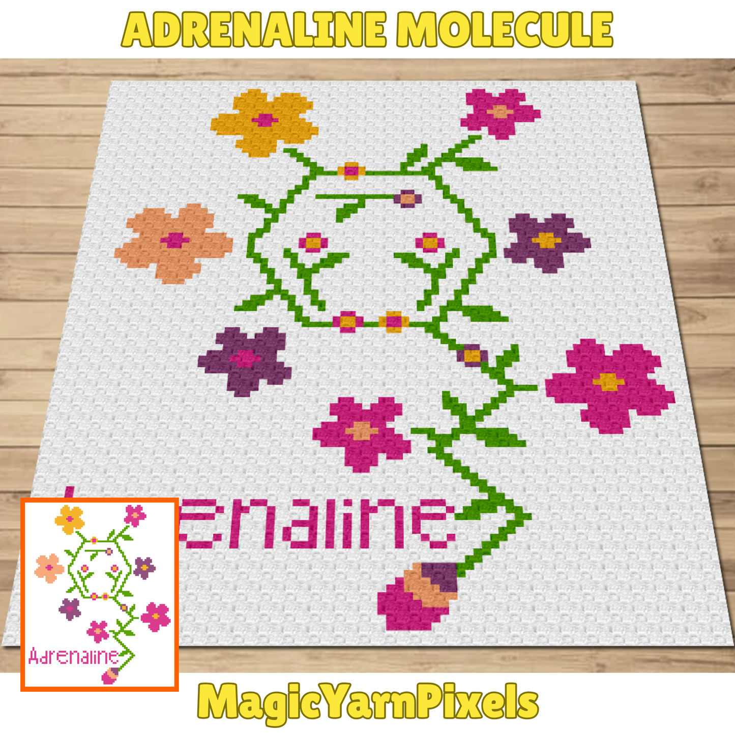 Adrenaline Molecule Graph + Written Pattern For C2C & Tapestry Crochet - Floral Hormone Pattern - Gift For Scientists Chemists Geek Nerd Lab