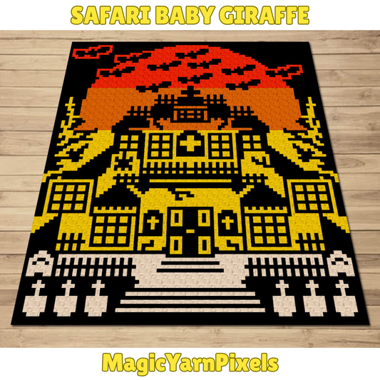 Haunted Horror Hilltop House Blanket Graph and Pattern for C2C & Tapestry Crochet | Halloween Afghan | Haunted House Spooky Halloween Decor