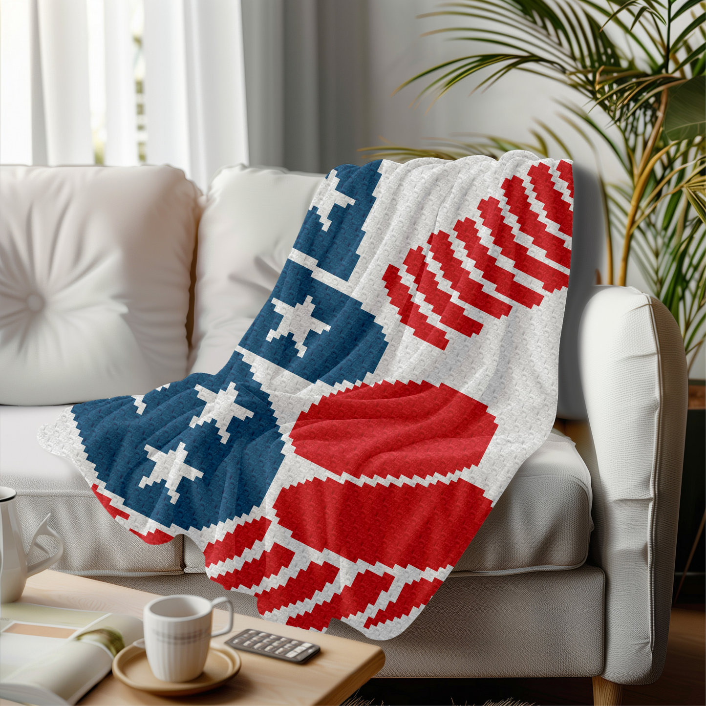 Patriotic Hand Pattern + Graph for C2C & Tapestry Crochet | Crochet 4th Of July C2C Blanket American Red White Blue Stars USA America Afghan