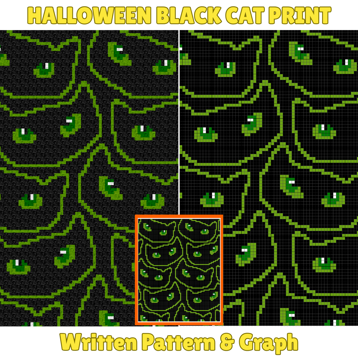 Halloween Black Cat Print Crochet Blanket Pattern Chart & Written Pattern For C2C + Tapestry Crochet | Gifts For Cat Owners - Trick Or Treat