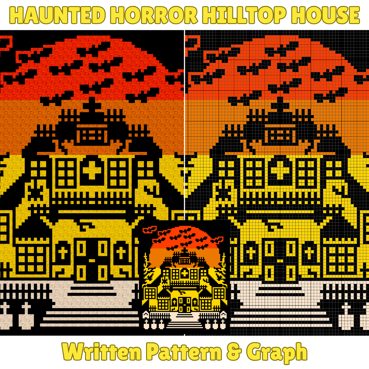 Haunted Horror Hilltop House Blanket Graph and Pattern for C2C & Tapestry Crochet | Halloween Afghan | Haunted House Spooky Halloween Decor