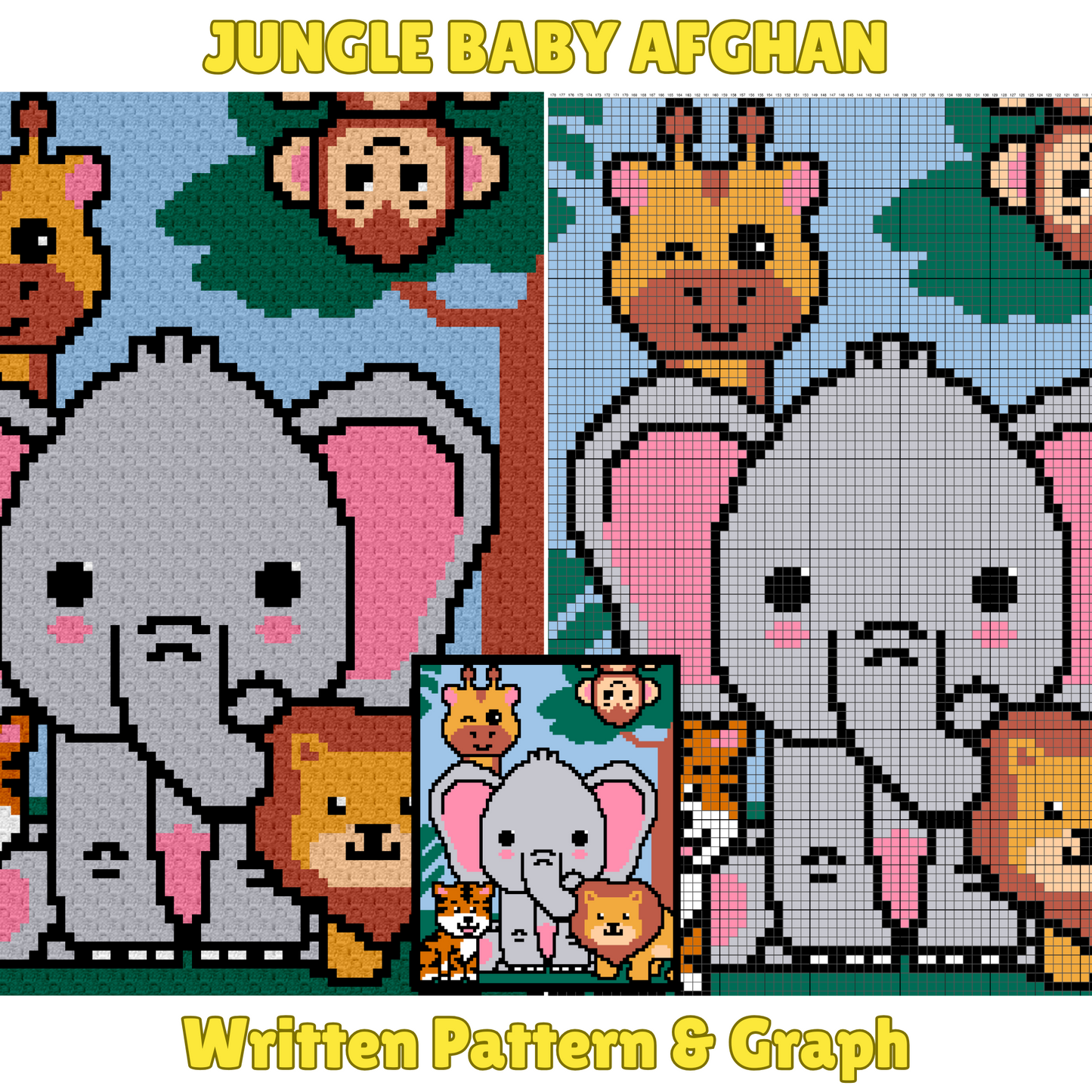 Jungle Baby Afghan Graph & Pattern C2C Tapestry Crochet | Jungle Baby Blanket Pattern Monkey Giraffe Lion Elephant Tiger Crochet Baby Gifts