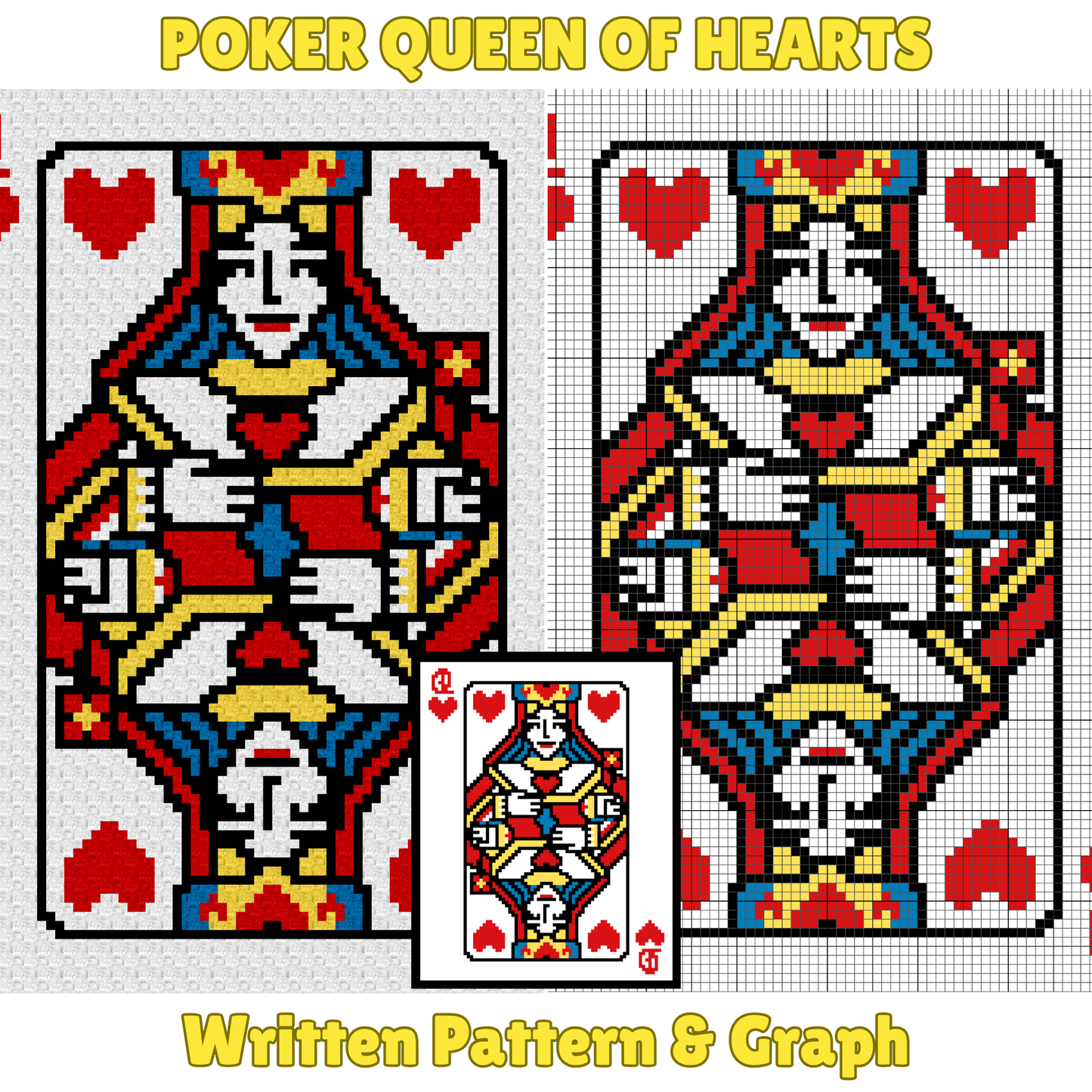 Poker Queen Of Hearts Graph + Written Pattern For C2C & Tapestry Crochet - Crochet Poker Blanket Card Game C2C Blanket Graph Gifts For Women
