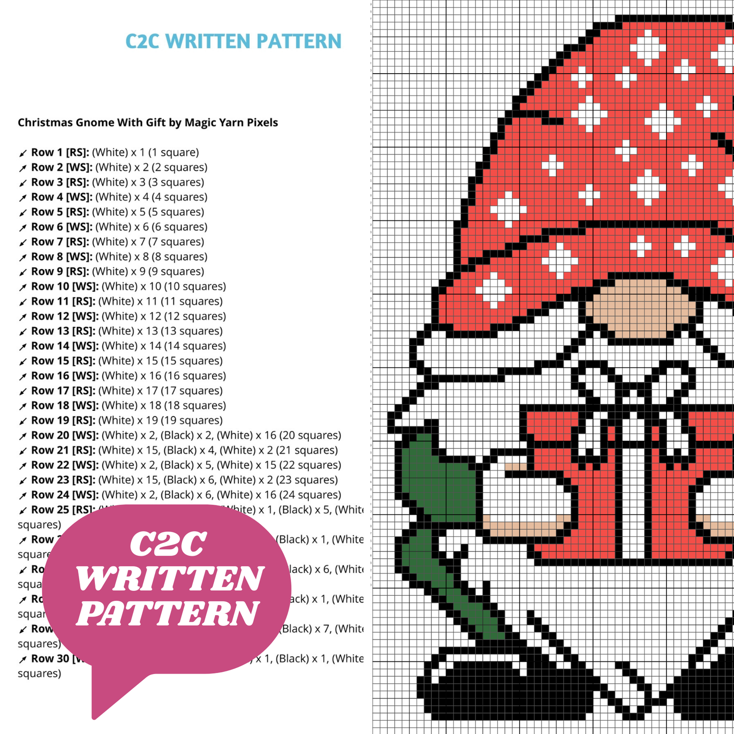 Christmas Gnome With Gift C2C Crochet Pattern by Magic Yarn Pixels