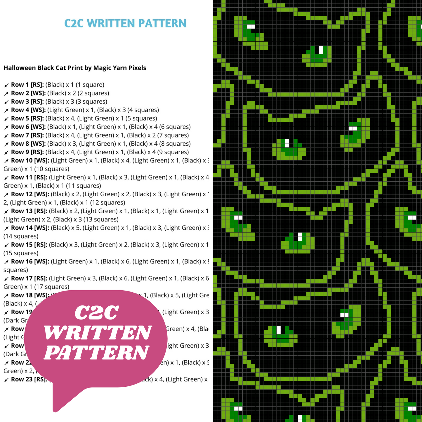 Halloween Black Cat Print Crochet Blanket Pattern Chart & Written Pattern For C2C + Tapestry Crochet | Gifts For Cat Owners - Trick Or Treat