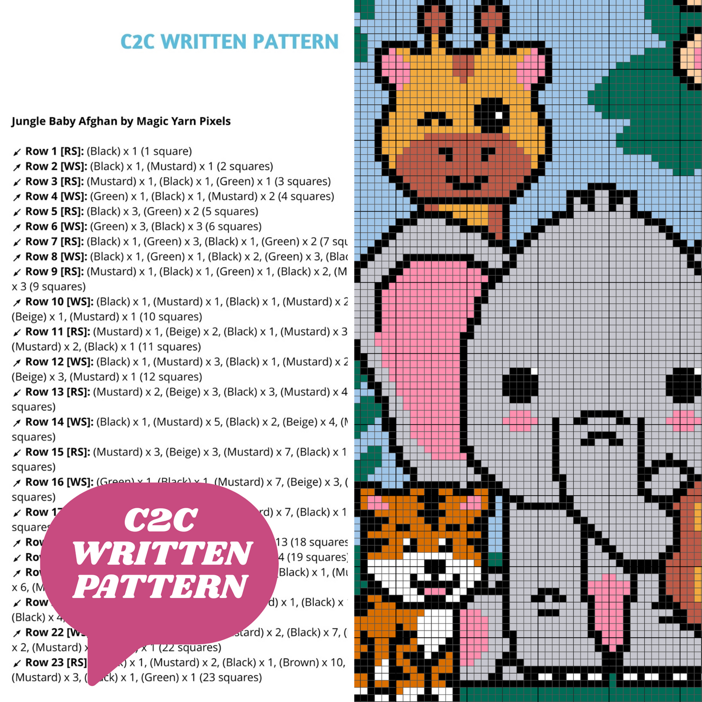 Jungle Baby Afghan Graph & Pattern C2C Tapestry Crochet | Jungle Baby Blanket Pattern Monkey Giraffe Lion Elephant Tiger Crochet Baby Gifts