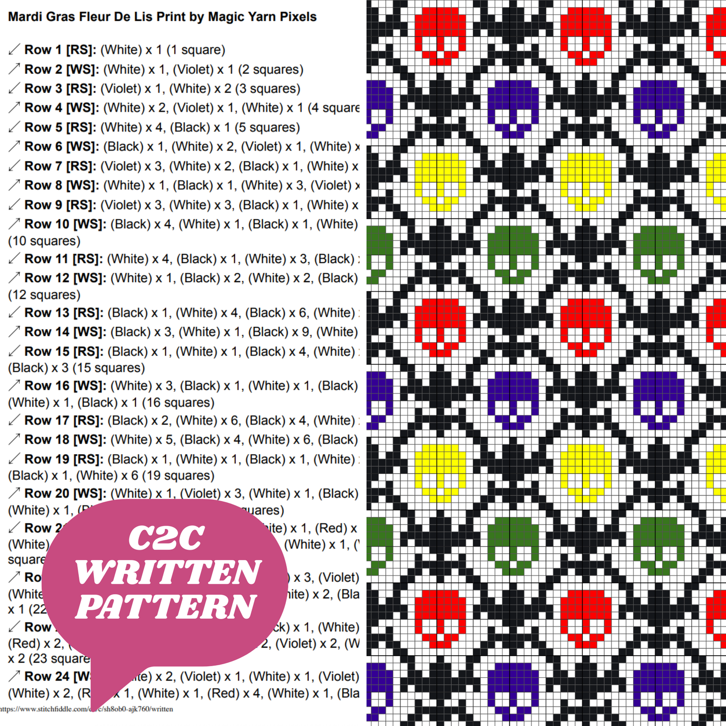 Mardi Gras Fleur De Lis Skulls Crochet Blanket Pattern w/ Chart & Written Pattern For C2C + Tapestry | Graphgan New Orleans Occult Gifts Him