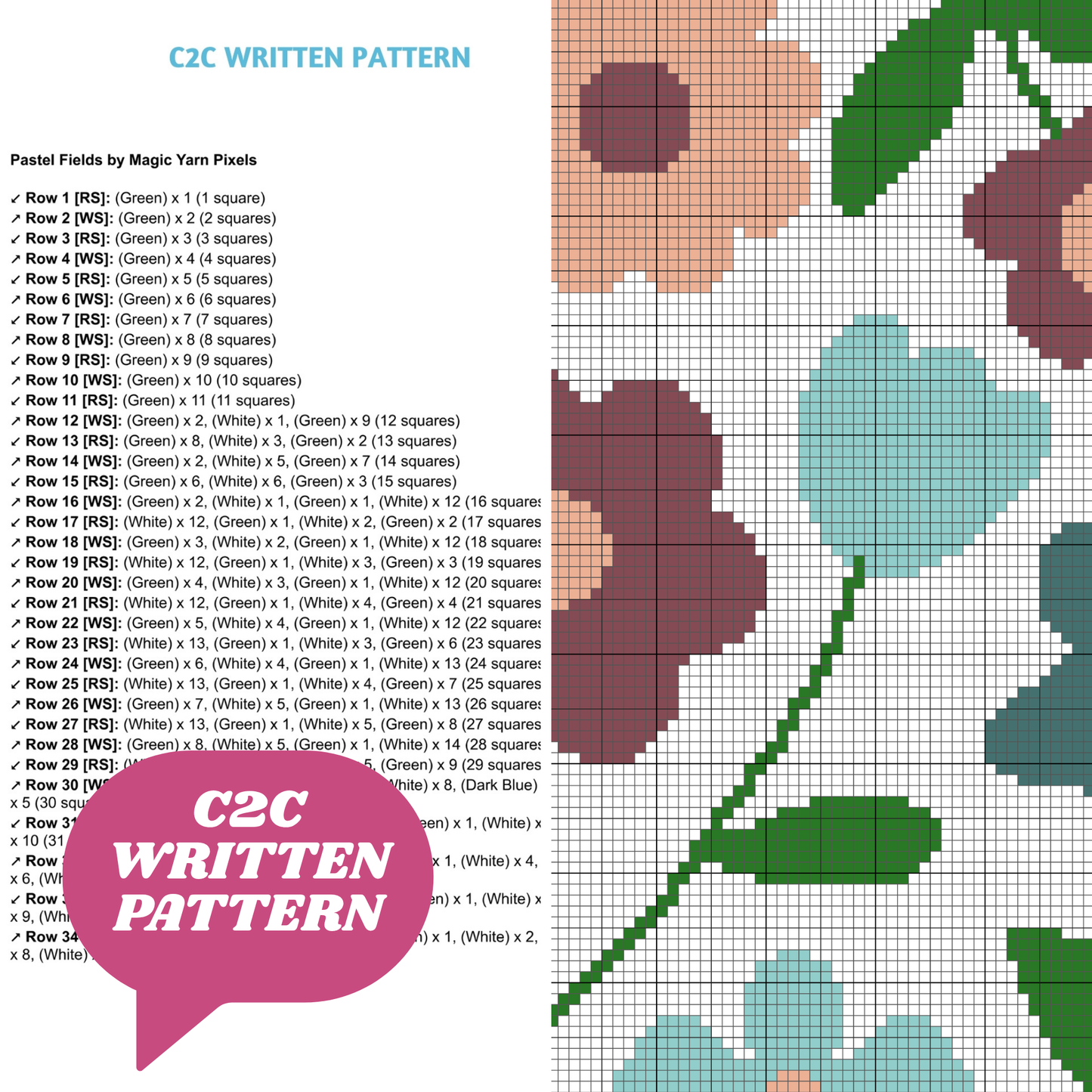 Pastel Fields Graph & Pattern C2C Tapestry Crochet - C2C Flower Garden Blanket - Crochet Tulip Blanket - C2C Floral Crochet Blanket Graphgan