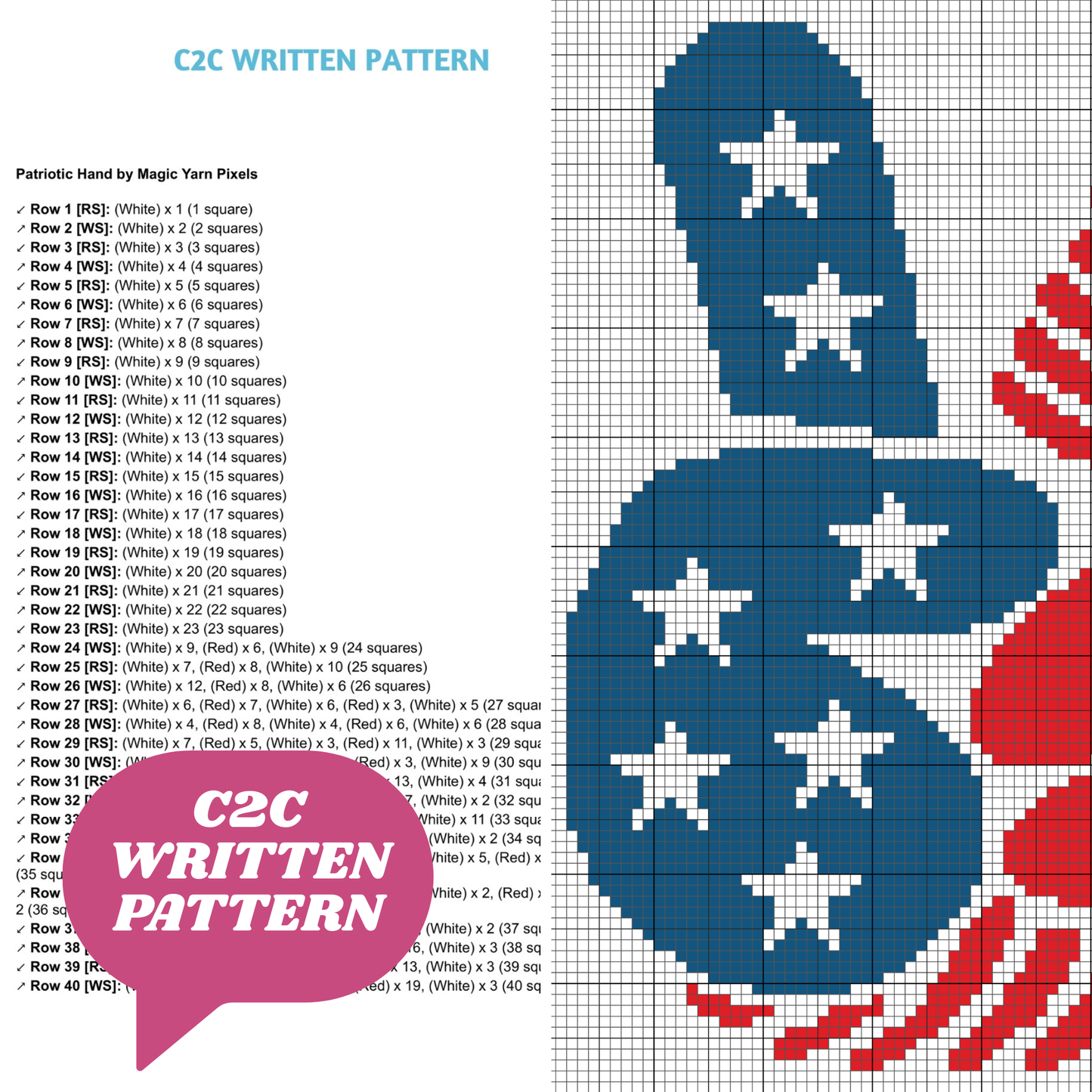 Patriotic Hand Pattern + Graph for C2C & Tapestry Crochet | Crochet 4th Of July C2C Blanket American Red White Blue Stars USA America Afghan