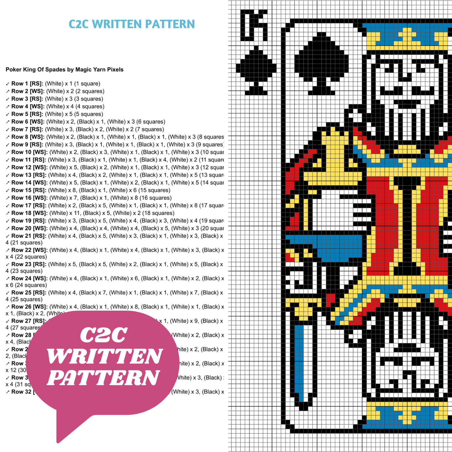 Poker King Of Spades Graph + Written Pattern For C2C & Tapestry Crochet | Poker Blanket | Cards Game Afghan | Graphgan Gifts For Men Gambler