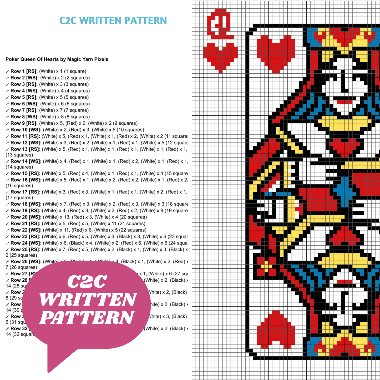 Poker Queen Of Hearts Graph + Written Pattern For C2C & Tapestry Crochet - Crochet Poker Blanket Card Game C2C Blanket Graph Gifts For Women