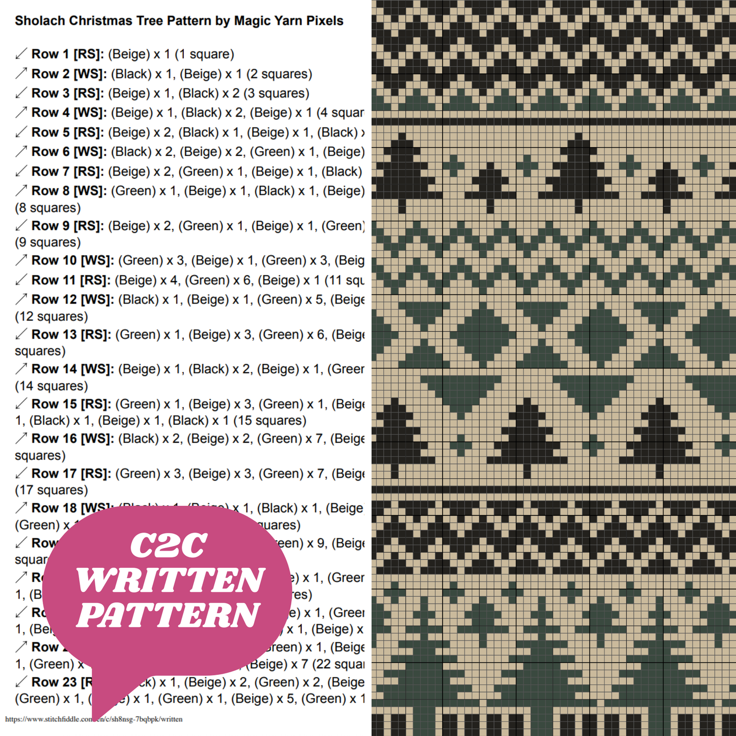 Sholach Christmas Tree Pattern Graph + Written Pattern For C2C & Tapestry Crochet - Christmas Trees C2C Crochet Pattern - Gifts For Holidays