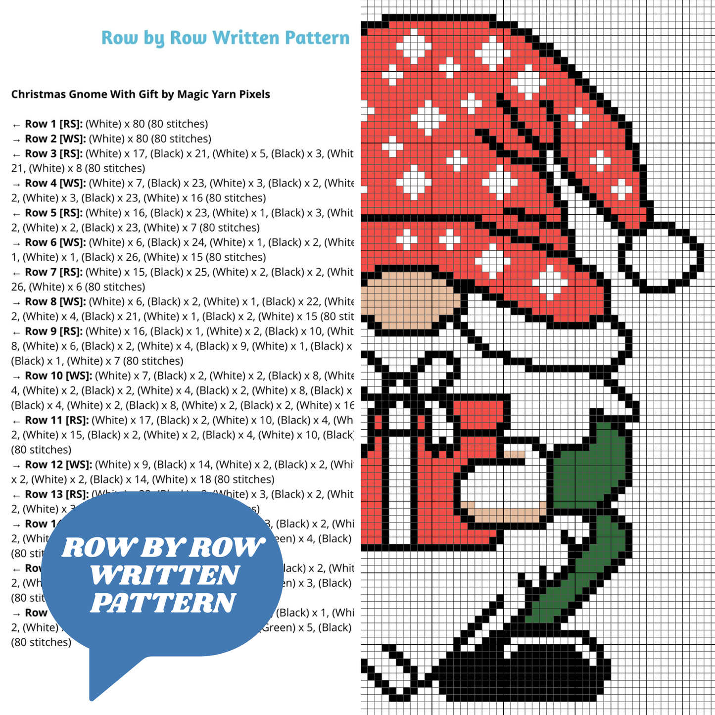 Christmas Gnome With Gift C2C Crochet Pattern by Magic Yarn Pixels