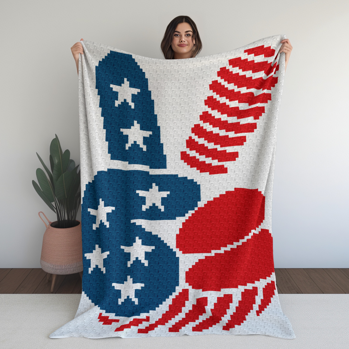 Patriotic Hand Pattern + Graph for C2C & Tapestry Crochet | Crochet 4th Of July C2C Blanket American Red White Blue Stars USA America Afghan